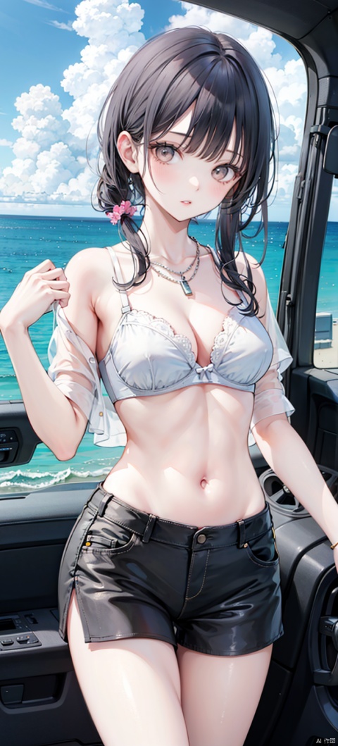 1girl, solo, long hair, breasts, looking at viewer, blush, bangs, shirt, black hair, navel, brown eyes, jewelry, underwear, white shirt, outdoors, parted lips, sky, shorts, day, midriff, cloud, necklace, bra, lips, crop top, see-through, short shorts, ocean, watermark, ground vehicle, motor vehicle, white bra, car, see-through shirt, car interior