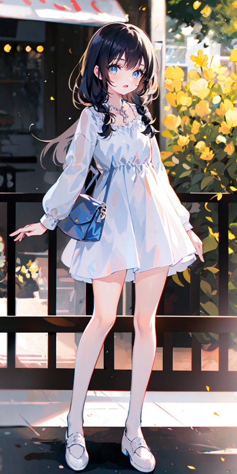 1girl, solo, long hair, looking at viewer, bangs, blue eyes, black hair, long sleeves, dress, holding, standing, flower, outdoors, bag, white dress, blurry, tree, handbag