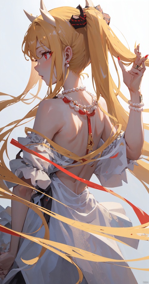 1girl, solo, long hair, blonde hair, simple background, white background, dress, bare shoulders, jewelry,  ponytail, hairband, horns, artist name, necklace, from behind, nail polish, lips, back, red nails, pearl necklace