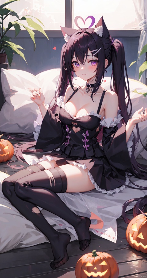 1girl, solo, long hair, breasts, looking at viewer, blush, smile, bangs, skirt, large breasts, hair ornament, thighhighs, animal ears, cleavage, bare shoulders, twintails, medium breasts, sitting, very long hair, closed mouth, purple eyes, tail, purple hair, braid, ahoge, heart, thighs, frills, detached sleeves, wings, choker, black thighhighs, indoors, virtual youtuber, cat ears, black skirt, feet, cat tail, animal ear fluff, see-through, pillow, torn clothes, window, toes, night, low twintails, black choker, no shoes, soles, moon, cat, crossed legs, cat girl, single thighhigh, night sky, full moon, halloween, demon wings, ghost, jack-o'-lantern, torn thighhighs, heart ahoge