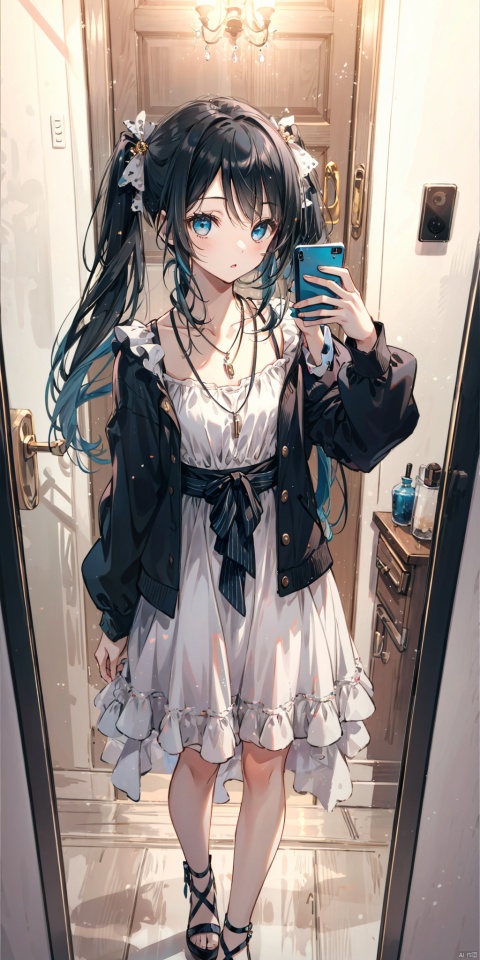 1girl, solo, long hair, black hair, dress, holding, twintails, jewelry, indoors, necklace, white dress, cosplay, phone, cellphone, smartphone, holding phone, mirror, realistic, door, selfie