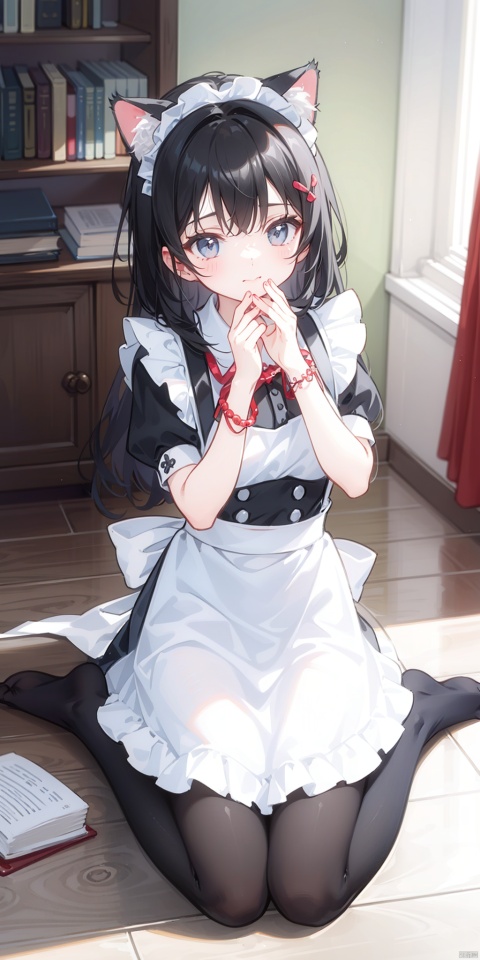 1girl, solo, long hair, black hair, dress, ribbon, holding, animal ears, jewelry, sitting, full body, short sleeves, pantyhose, indoors, cat ears, apron, bracelet, feet, book, black pantyhose, maid, maid headdress, toes, wariza, no shoes, soles, maid apron, holding book, on floor, covering face