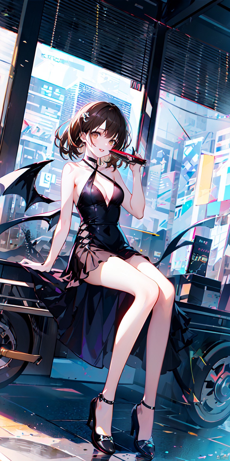 1girl, solo, long hair, breasts, looking at viewer, brown hair, dress, holding, cleavage, bare shoulders, medium breasts, weapon, parted lips, sleeveless, black dress, lips, gun, sleeveless dress, halterneck, ground vehicle, hand fan, motor vehicle, holding fan, smile, brown hair, dress, holding, brown eyes, sitting, wings, black footwear, black dress, halterneck, hand fan, criss-cross halter,Highest picture quality, masterpiece, exquisite CG, exquisite and complicated hair accessories, big watery eyes, highlights, natural light, Super realistic, cinematic lighting texture, absolutely beautiful, 3D max, vray, c4d, ue5, corona rendering, redshift, octane rendering, （Show whole body）, （all body）