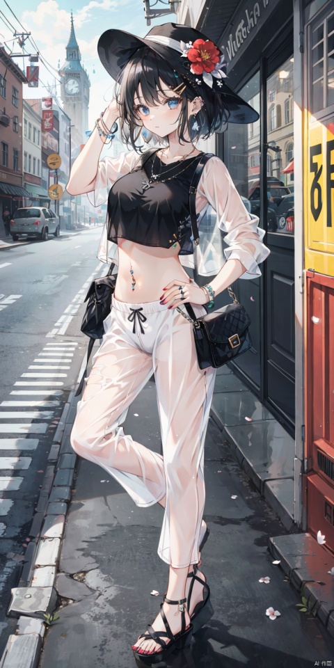 1girl, solo, breasts, bangs, large breasts, shirt, black hair, hair ornament, hat, navel, jewelry, standing, full body, flower, earrings, outdoors, midriff, pants, hair flower, necklace, bag, nail polish, blurry, bracelet, crop top, see-through, hand on hip, white headwear, sandals, ring, toenails, city, toenail polish, road, navel piercing, street