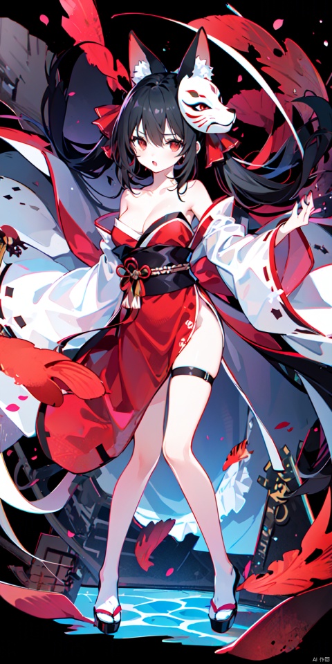 1girl, solo, long hair, breasts, looking at viewer, bangs, black hair, red eyes, long sleeves, dress, bow, holding, cleavage, hair between eyes, bare shoulders, twintails, medium breasts, very long hair, full body, detached sleeves, japanese clothes, water, sash, bare legs, thigh strap, mask, obi, red dress, pink dress, red nails, fish, string, fox mask, ripples, string of fate, holding mask