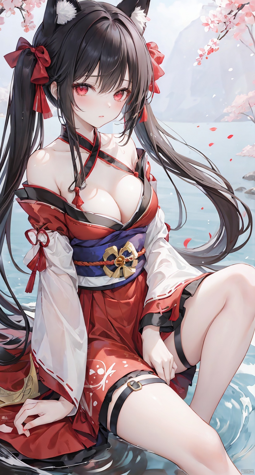 1girl, solo, long hair, breasts, looking at viewer, bangs, black hair, red eyes, long sleeves, dress, bow, holding, cleavage, hair between eyes, bare shoulders, twintails, medium breasts, very long hair, full body, detached sleeves, japanese clothes, water, sash, bare legs, thigh strap, mask, obi, red dress, pink dress, red nails, fish, string, fox mask, ripples, string of fate, holding mask