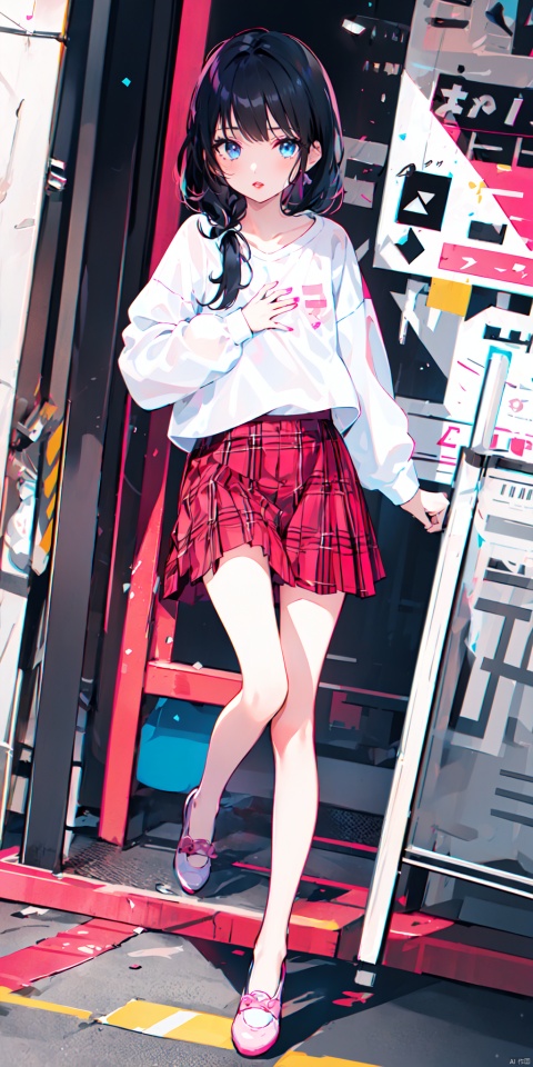 1girl, solo, long hair, looking at viewer, bangs, blue eyes, skirt, shirt, black hair, long sleeves, white shirt, flower, shoes, plaid, kneeling, plaid skirt, hand on own chest, pink footwear, red lips