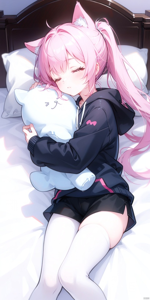 1girl, solo, long hair, bangs, long sleeves, animal ears, closed eyes, ponytail, pink hair, pantyhose, lying, wings, shorts, virtual youtuber, hood, pillow, short shorts, bed, hoodie, on bed, halo, on side, black shorts, stuffed toy, sleeping, stuffed animal, hood down, white pantyhose, object hug, white wings, white hoodie