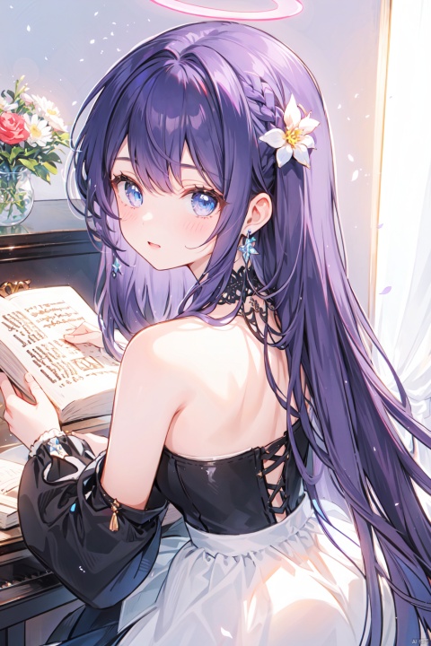 1girl, solo, looking at viewer, bangs, blue eyes, dress, bare shoulders, jewelry, purple hair, flower, earrings, detached sleeves, looking back, from behind, black dress, book, halo, piano