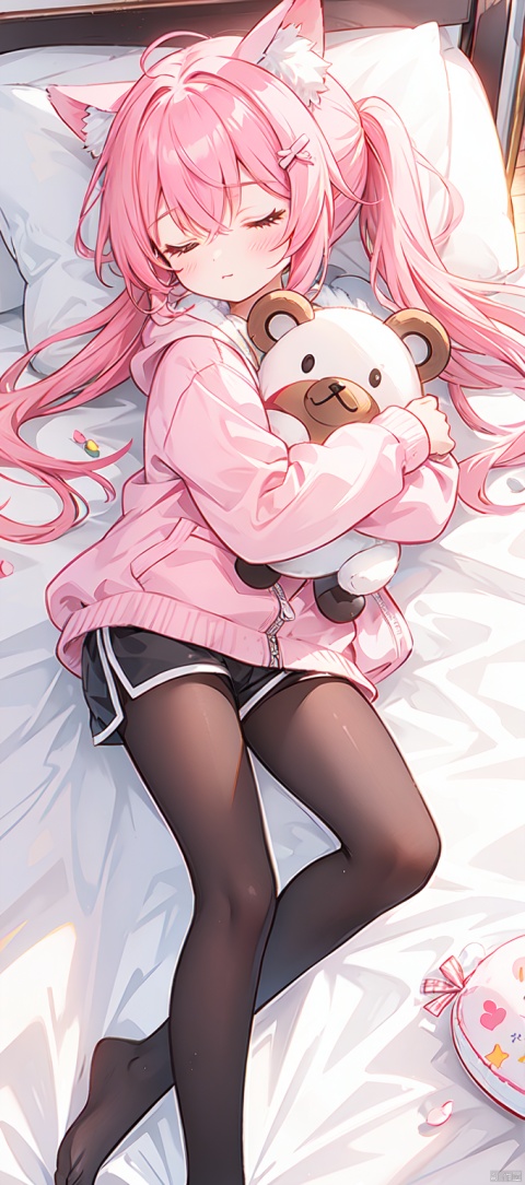 1girl, solo, long hair, bangs, long sleeves, animal ears, closed eyes, ponytail, pink hair, pantyhose, lying, wings, shorts, virtual youtuber, hood, pillow, short shorts, bed, hoodie, on bed, halo, on side, black shorts, stuffed toy, sleeping, stuffed animal, hood down, white pantyhose, object hug, white wings, white hoodie