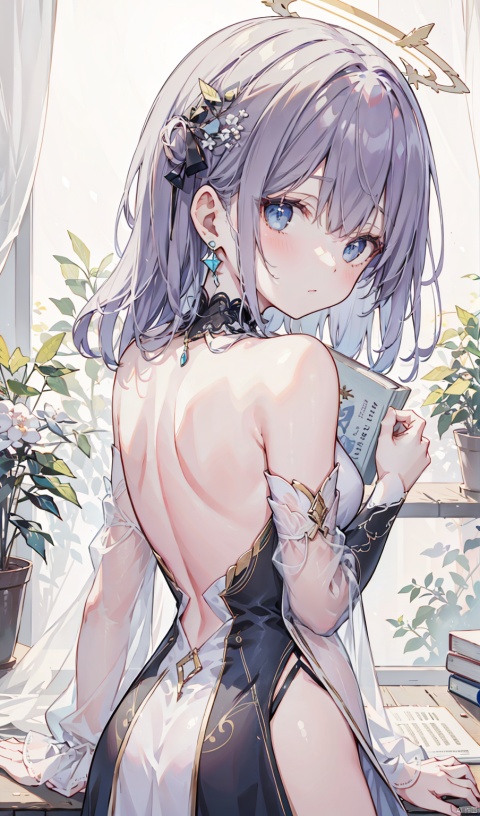 1girl, solo, looking at viewer, bangs, blue eyes, dress, bare shoulders, jewelry, purple hair, flower, earrings, detached sleeves, looking back, from behind, black dress, book, halo, piano