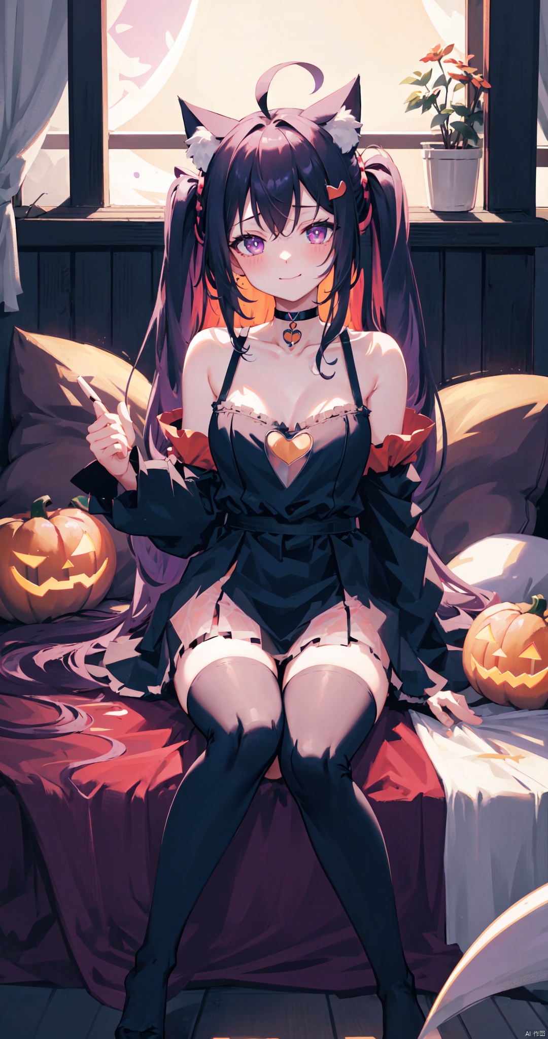 1girl, solo, long hair, breasts, looking at viewer, blush, smile, bangs, skirt, large breasts, hair ornament, thighhighs, animal ears, cleavage, bare shoulders, twintails, medium breasts, sitting, very long hair, closed mouth, purple eyes, tail, purple hair, braid, ahoge, heart, thighs, frills, detached sleeves, wings, choker, black thighhighs, indoors, virtual youtuber, cat ears, black skirt, feet, cat tail, animal ear fluff, see-through, pillow, torn clothes, window, toes, night, low twintails, black choker, no shoes, soles, moon, cat, crossed legs, cat girl, single thighhigh, night sky, full moon, halloween, demon wings, ghost, jack-o'-lantern, torn thighhighs, heart ahoge