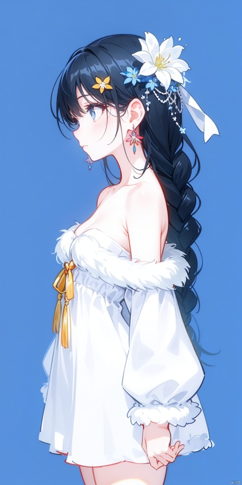 1girl, solo, long hair, bangs, blue eyes, black hair, hair ornament, dress, bare shoulders, jewelry, closed mouth, standing, braid, flower, earrings, artist name, hair flower, off shoulder, white dress, fur trim, profile, blue background, painting \(object\)