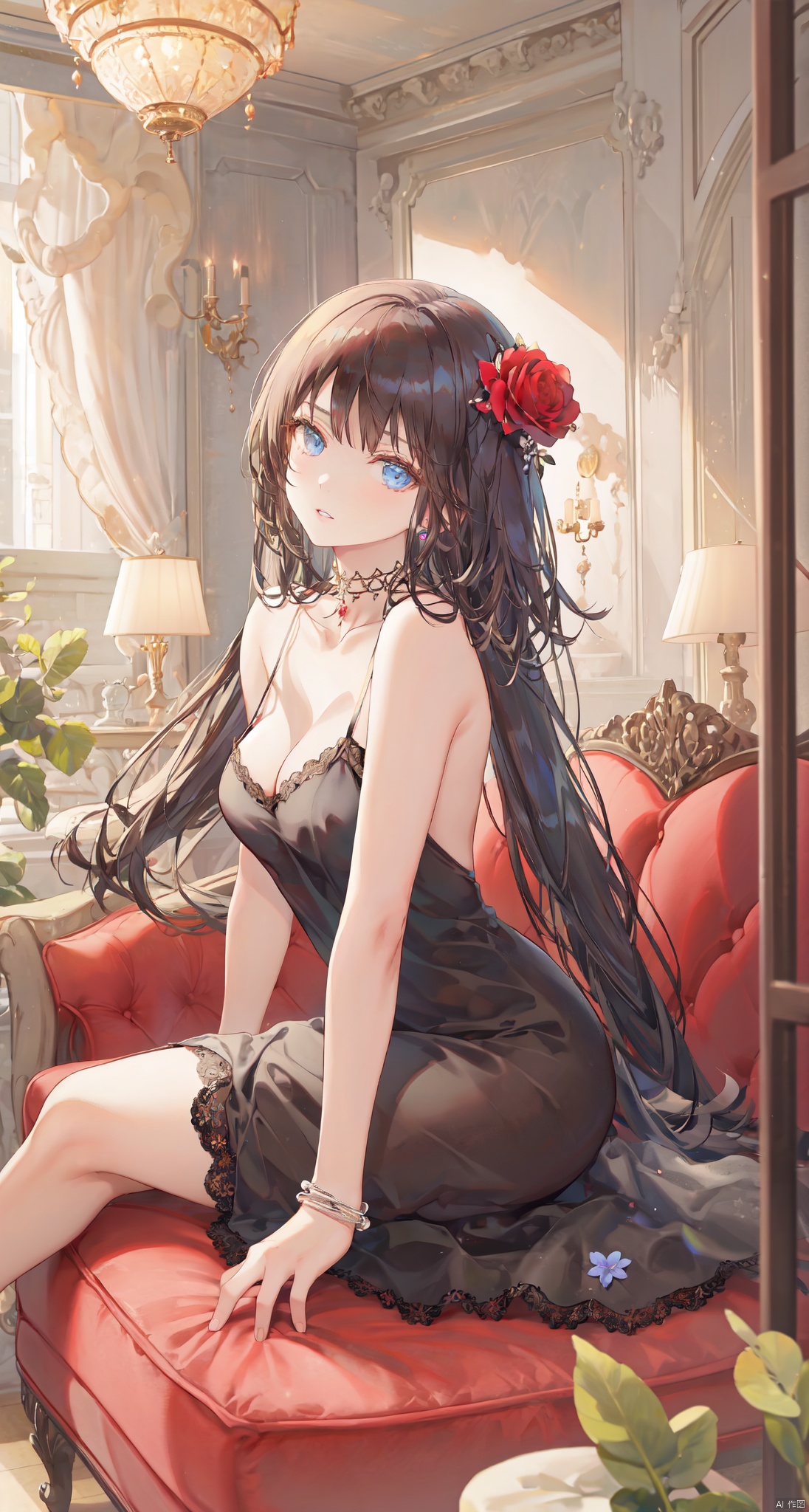 1girl, solo, long hair, breasts, looking at viewer, bangs, blue eyes, large breasts, black hair, hair ornament, dress, cleavage, bare shoulders, jewelry, sitting, collarbone, flower, parted lips, sleeveless, choker, indoors, necklace, head tilt, bare arms, bare legs, sleeveless dress, feet out of frame, rose, arm support, phone, short dress, red dress, table, curtains, red flower, couch, spaghetti strap, red choker, on couch, leaning to the side