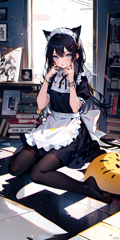 1girl, solo, long hair, black hair, dress, ribbon, holding, animal ears, jewelry, sitting, full body, short sleeves, pantyhose, indoors, cat ears, apron, bracelet, feet, book, black pantyhose, maid, maid headdress, toes, wariza, no shoes, soles, maid apron, holding book, on floor, covering face