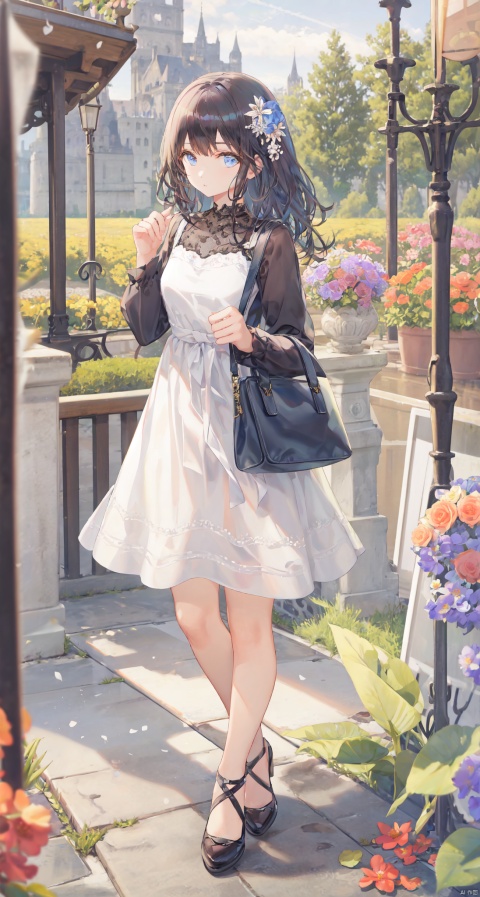 1girl, solo, long hair, looking at viewer, bangs, blue eyes, black hair, long sleeves, dress, holding, standing, flower, outdoors, bag, white dress, blurry, tree, handbag