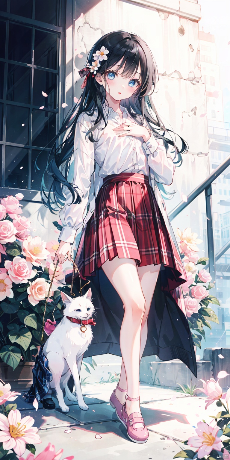 1girl, solo, long hair, looking at viewer, bangs, blue eyes, skirt, shirt, black hair, long sleeves, white shirt, flower, shoes, plaid, kneeling, plaid skirt, hand on own chest, pink footwear, red lips