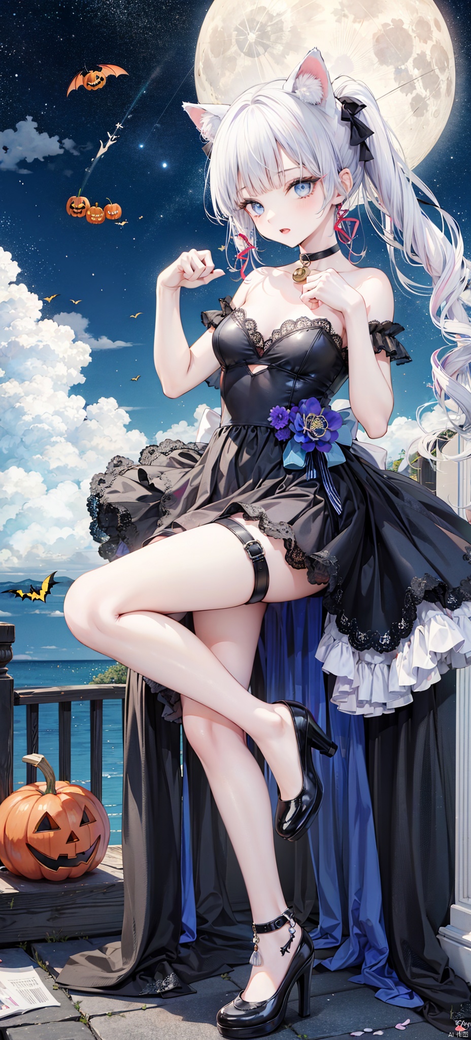 1girl, solo, long hair, breasts, looking at viewer, open mouth, bangs, blue eyes, gloves, dress, animal ears, bare shoulders, hair ribbon, ponytail, white hair, sidelocks, sky, choker, black gloves, cat ears, blunt bangs, black footwear, black dress, high heels, strapless, bell, thigh strap, night, fake animal ears, moon, night sky, neck bell, full moon, halloween, paw pose, halloween costume, bat \(animal\), kamisato ayaka