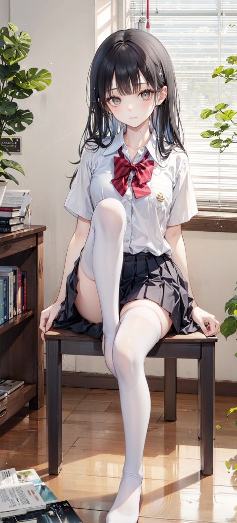 1girl, solo, long hair, looking at viewer, bangs, skirt, shirt, black hair, thighhighs, holding, brown eyes, sitting, closed mouth, school uniform, full body, white shirt, short sleeves, day, indoors, black skirt, star \(symbol\), white thighhighs, book, window, mask, chair, no shoes, stuffed toy, table, sunlight, plant, desk, knee up, brown skirt, bookshelf, potted plant, lamp, blinds