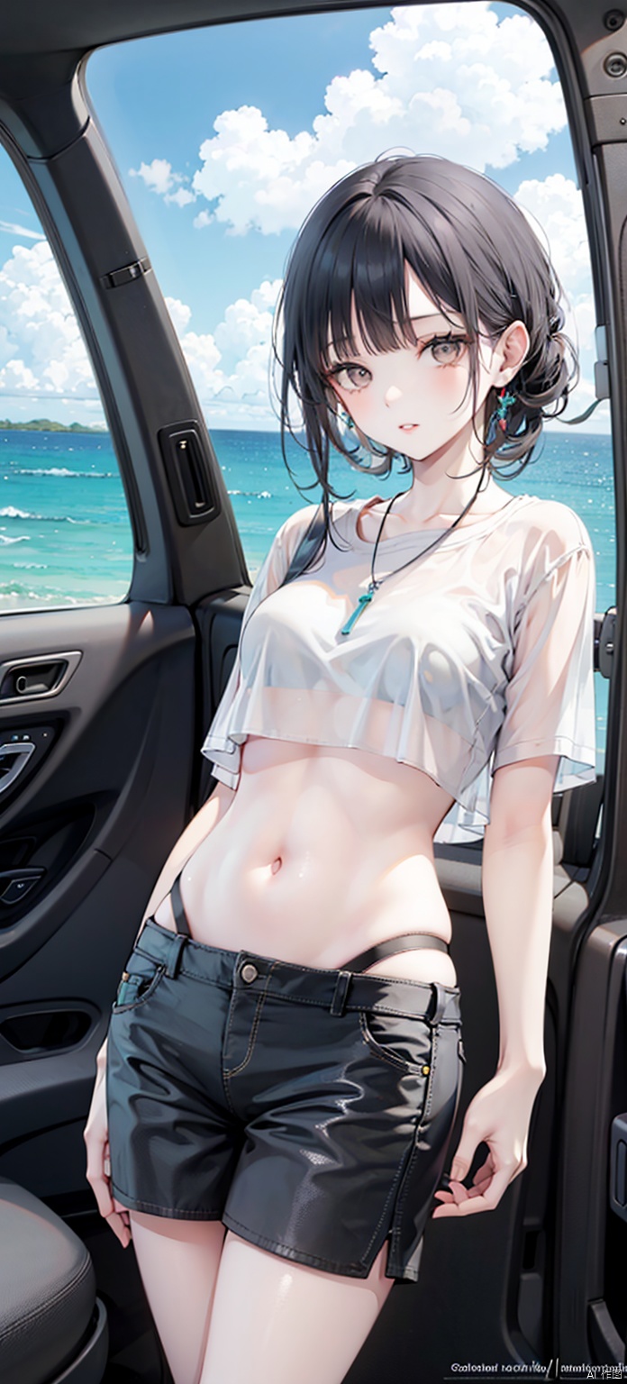 1girl, solo, long hair, breasts, looking at viewer, blush, bangs, shirt, black hair, navel, brown eyes, jewelry, underwear, white shirt, outdoors, parted lips, sky, shorts, day, midriff, cloud, necklace, bra, lips, crop top, see-through, short shorts, ocean, watermark, ground vehicle, motor vehicle, white bra, car, see-through shirt, car interior