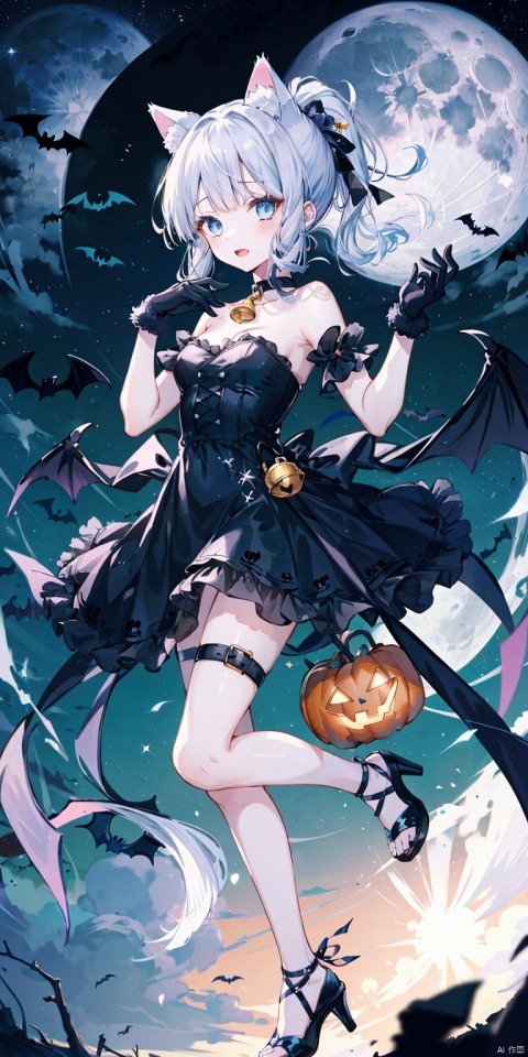 1girl, solo, long hair, breasts, looking at viewer, open mouth, bangs, blue eyes, gloves, dress, animal ears, bare shoulders, hair ribbon, ponytail, white hair, sidelocks, sky, choker, black gloves, cat ears, blunt bangs, black footwear, black dress, high heels, strapless, bell, thigh strap, night, fake animal ears, moon, night sky, neck bell, full moon, halloween, paw pose, halloween costume, bat \(animal\), kamisato ayaka