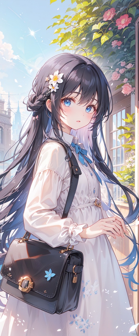 1girl, solo, long hair, looking at viewer, bangs, blue eyes, black hair, long sleeves, dress, holding, standing, flower, outdoors, bag, white dress, blurry, tree, handbag