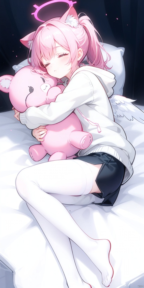 1girl, solo, long hair, bangs, long sleeves, animal ears, closed eyes, ponytail, pink hair, pantyhose, lying, wings, shorts, virtual youtuber, hood, pillow, short shorts, bed, hoodie, on bed, halo, on side, black shorts, stuffed toy, sleeping, stuffed animal, hood down, white pantyhose, object hug, white wings, white hoodie