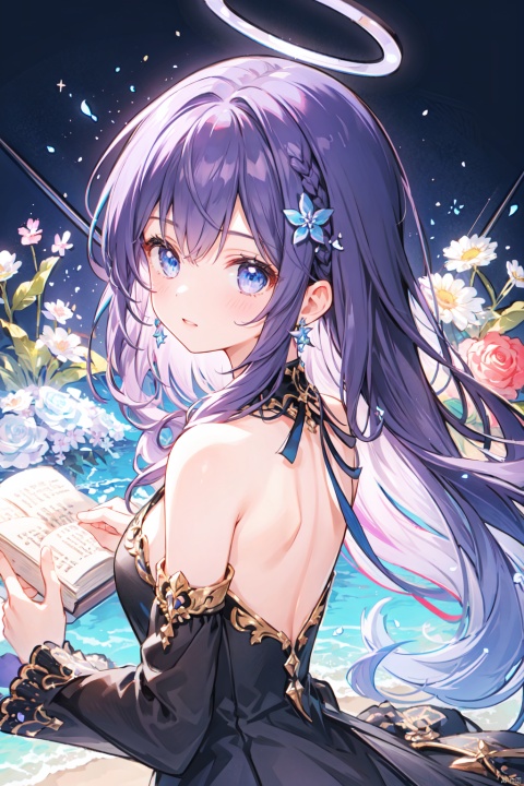 1girl, solo, looking at viewer, bangs, blue eyes, dress, bare shoulders, jewelry, purple hair, flower, earrings, detached sleeves, looking back, from behind, black dress, book, halo, piano