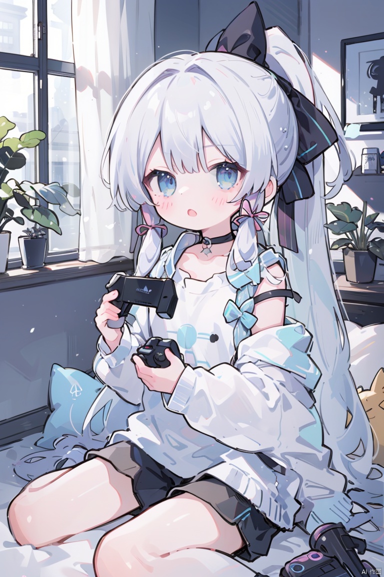 1girl, solo, long hair, looking at viewer, blush, open mouth, bangs, blue eyes, shirt, long sleeves, ribbon, holding, bare shoulders, sitting, very long hair, collarbone, hair ribbon, white shirt, ponytail, white hair, sidelocks, shorts, choker, indoors, blunt bangs, off shoulder, pillow, book, window,  black choker, wariza, high ponytail, plant, curtains, tress ribbon, white shorts, potted plant, controller, game controller, holding controller, holding game controller, kamisato ayaka