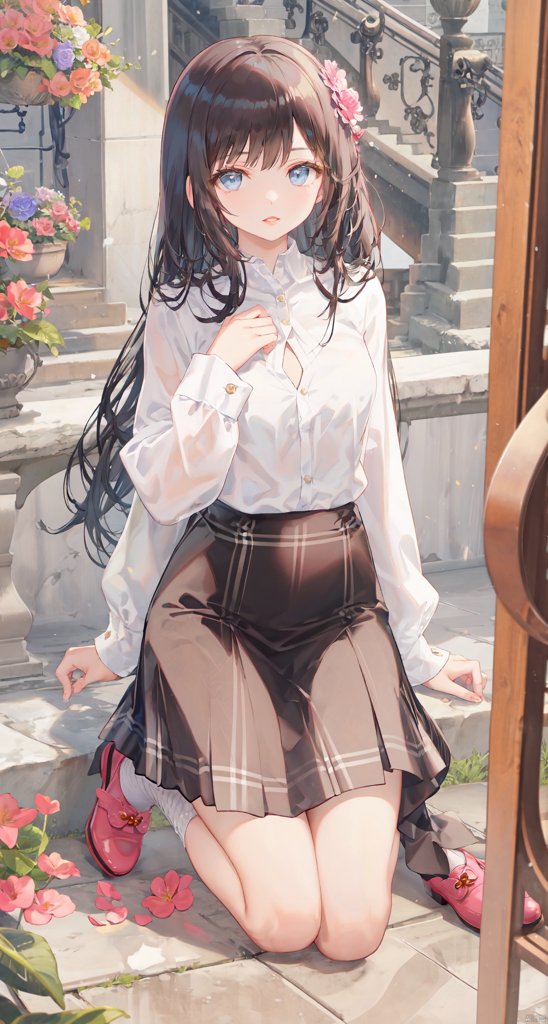 1girl, solo, long hair, looking at viewer, bangs, blue eyes, skirt, shirt, black hair, long sleeves, white shirt, flower, shoes, plaid, kneeling, plaid skirt, hand on own chest, pink footwear, red lips