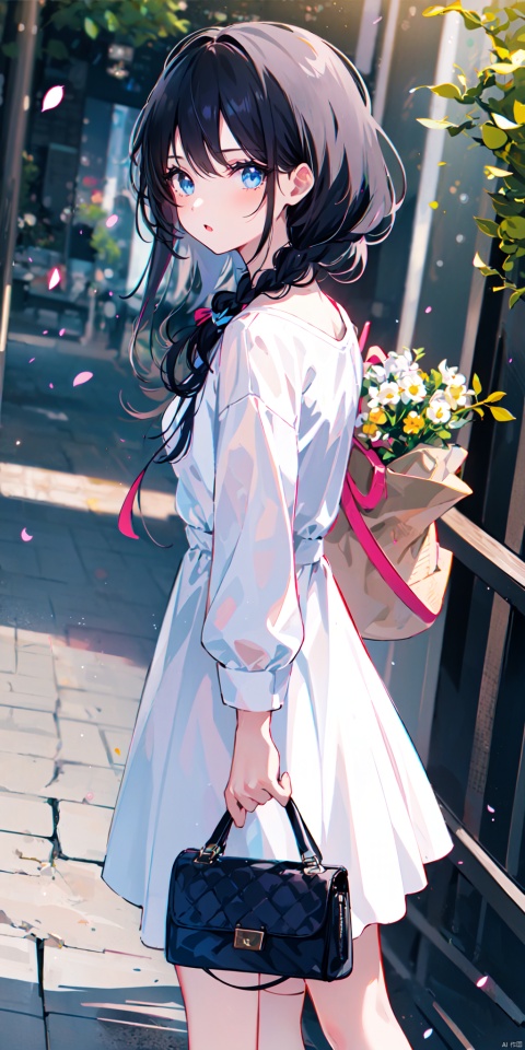 1girl, solo, long hair, looking at viewer, bangs, blue eyes, black hair, long sleeves, dress, holding, standing, flower, outdoors, bag, white dress, blurry, tree, handbag