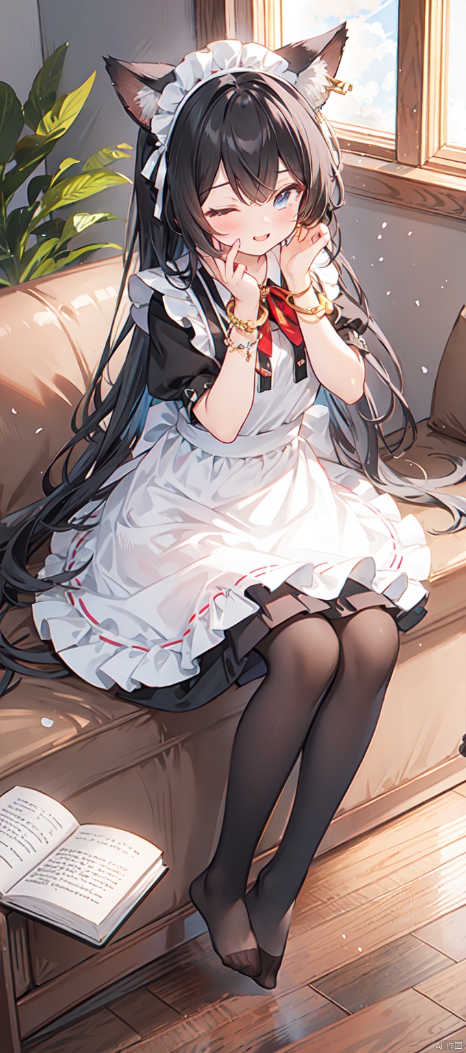 1girl, solo, long hair, black hair, dress, ribbon, holding, animal ears, jewelry, sitting, full body, short sleeves, pantyhose, indoors, cat ears, apron, bracelet, feet, book, black pantyhose, maid, maid headdress, toes, wariza, no shoes, soles, maid apron, holding book, on floor, covering face