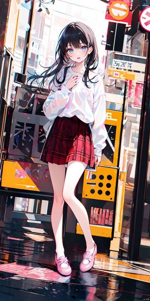 1girl, solo, long hair, looking at viewer, bangs, blue eyes, skirt, shirt, black hair, long sleeves, white shirt, flower, shoes, plaid, kneeling, plaid skirt, hand on own chest, pink footwear, red lips