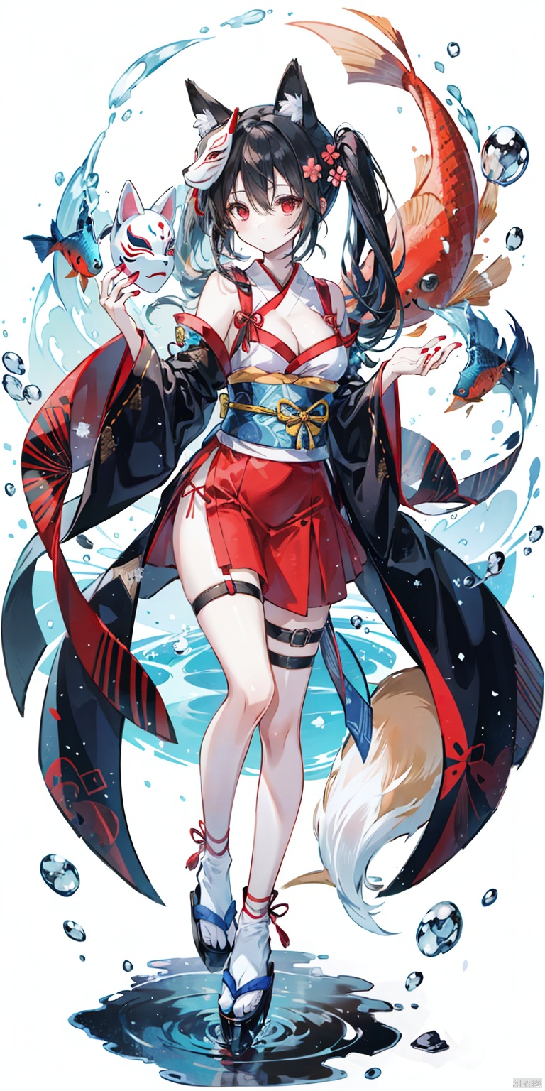 1girl, solo, long hair, breasts, looking at viewer, bangs, black hair, red eyes, long sleeves, dress, bow, holding, cleavage, hair between eyes, bare shoulders, twintails, medium breasts, very long hair, full body, detached sleeves, japanese clothes, water, sash, bare legs, thigh strap, mask, obi, red dress, pink dress, red nails, fish, string, fox mask, ripples, string of fate, holding mask