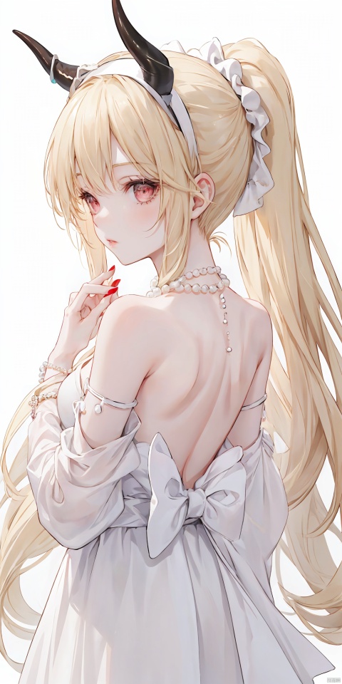 1girl, solo, long hair, blonde hair, simple background, white background, dress, bare shoulders, jewelry,  ponytail, hairband, horns, artist name, necklace, from behind, nail polish, lips, back, red nails, pearl necklace