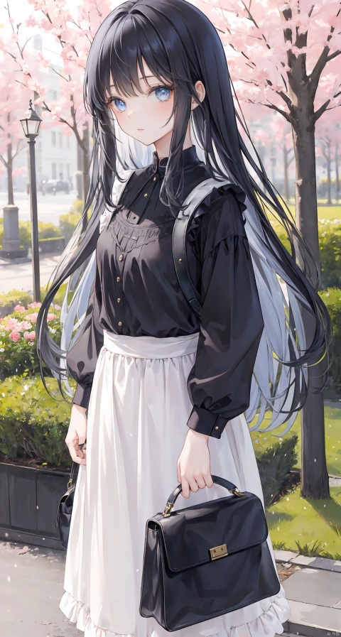 1girl, solo, long hair, looking at viewer, bangs, blue eyes, black hair, long sleeves, dress, holding, standing, flower, outdoors, bag, white dress, blurry, tree, handbag