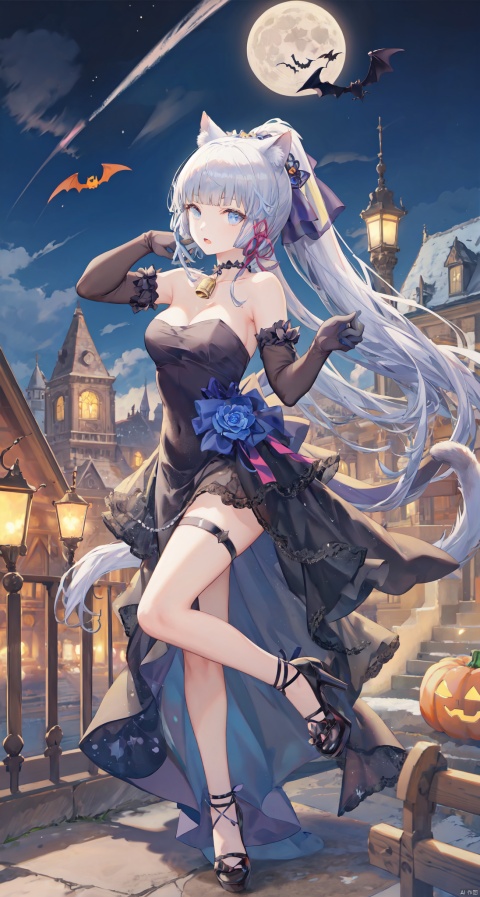 1girl, solo, long hair, breasts, looking at viewer, open mouth, bangs, blue eyes, gloves, dress, animal ears, bare shoulders, hair ribbon, ponytail, white hair, sidelocks, sky, choker, black gloves, cat ears, blunt bangs, black footwear, black dress, high heels, strapless, bell, thigh strap, night, fake animal ears, moon, night sky, neck bell, full moon, halloween, paw pose, halloween costume, bat \(animal\), kamisato ayaka