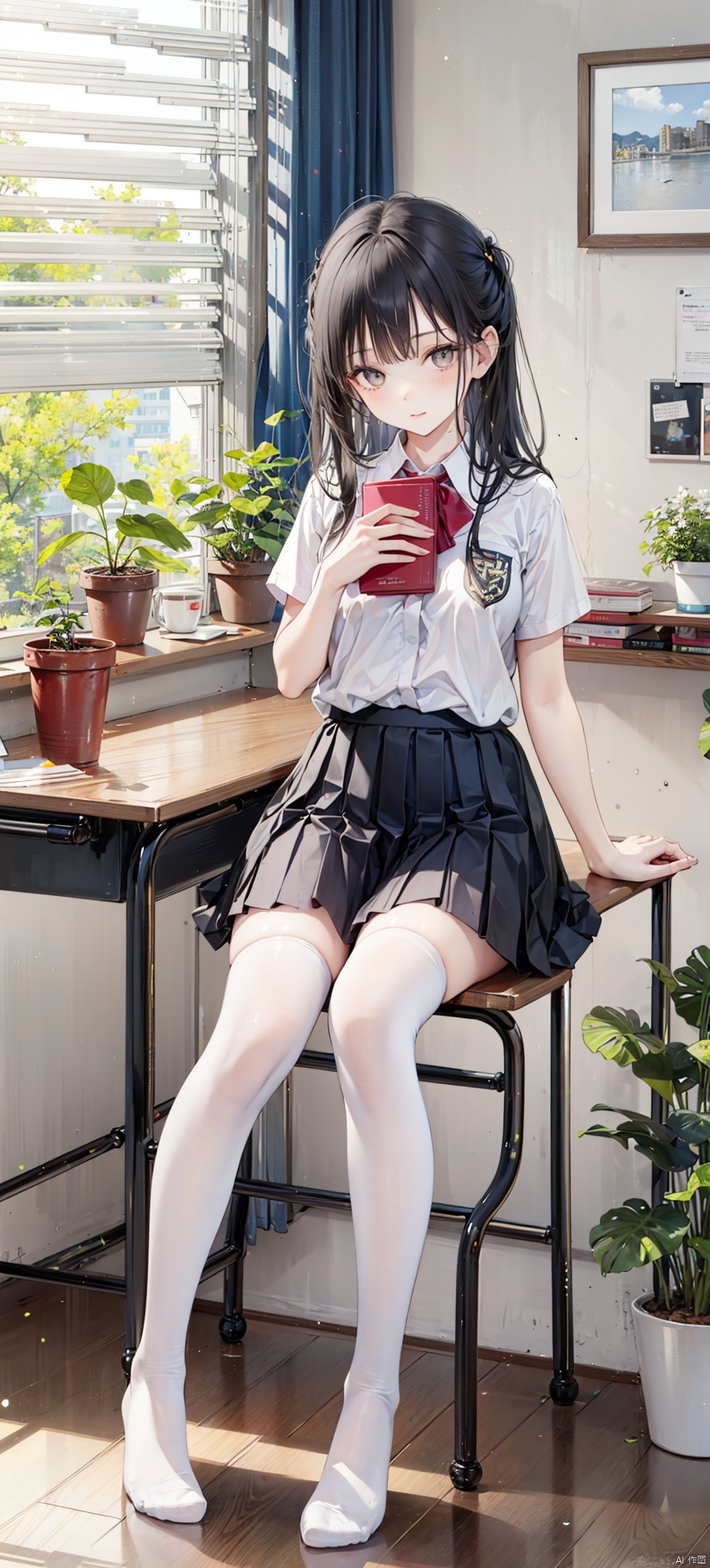 1girl, solo, long hair, looking at viewer, bangs, skirt, shirt, black hair, thighhighs, holding, brown eyes, sitting, closed mouth, school uniform, full body, white shirt, short sleeves, day, indoors, black skirt, star \(symbol\), white thighhighs, book, window, mask, chair, no shoes, stuffed toy, table, sunlight, plant, desk, knee up, brown skirt, bookshelf, potted plant, lamp, blinds
