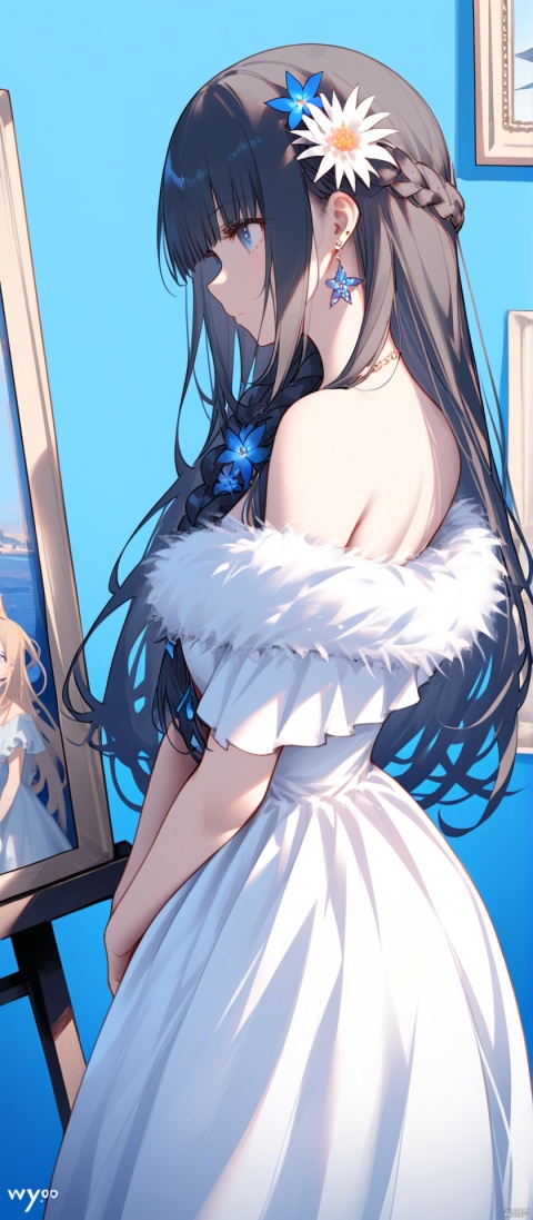 1girl, solo, long hair, bangs, blue eyes, black hair, hair ornament, dress, bare shoulders, jewelry, closed mouth, standing, braid, flower, earrings, artist name, hair flower, off shoulder, white dress, fur trim, profile, blue background, painting \(object\)