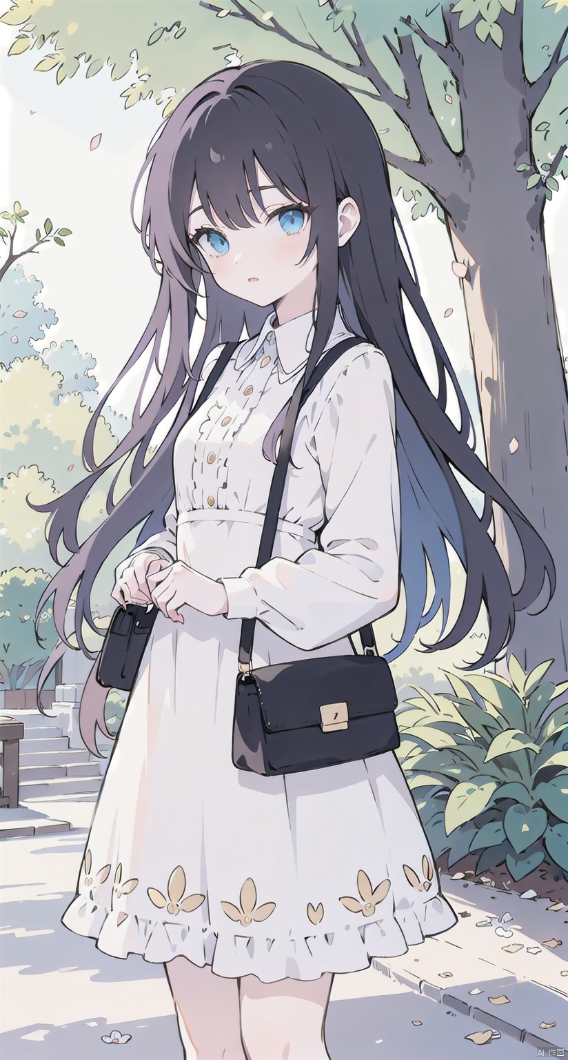 1girl, solo, long hair, looking at viewer, bangs, blue eyes, black hair, long sleeves, dress, holding, standing, flower, outdoors, bag, white dress, blurry, tree, handbag