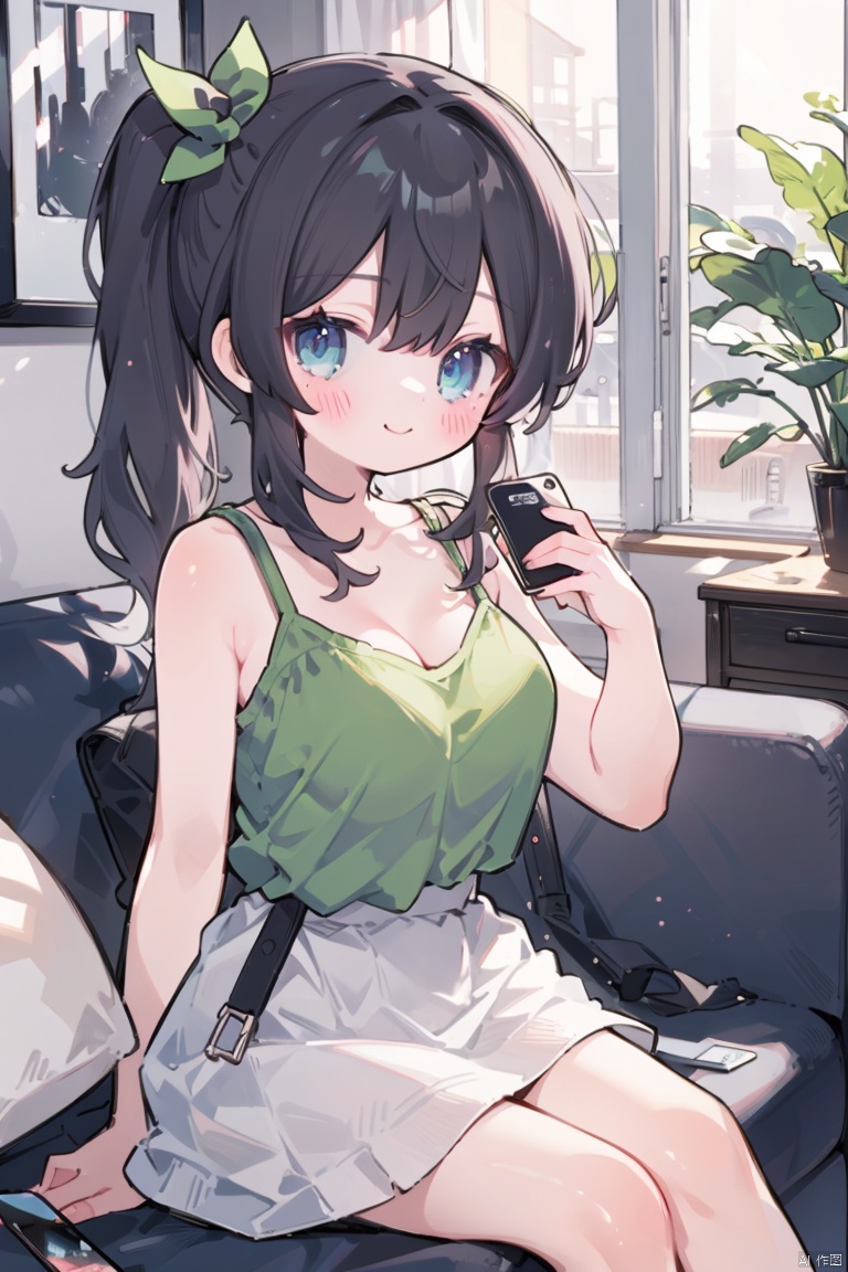 1girl, solo, long hair, breasts, looking at viewer, blush, smile, bangs, blue eyes, skirt, large breasts, shirt, black hair, holding, cleavage, bare shoulders, closed mouth, thighs, sleeveless, indoors, bag, side ponytail, bare arms, phone, table, white skirt, cellphone, curtains, couch, smartphone, camisole, holding phone, green shirt, selfie