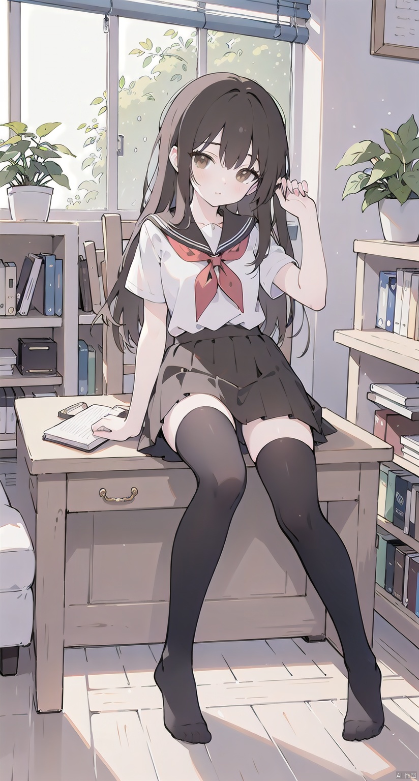 1girl, solo, long hair, looking at viewer, bangs, skirt, shirt, black hair, thighhighs, holding, brown eyes, sitting, closed mouth, school uniform, full body, white shirt, short sleeves, day, indoors, black skirt, star \(symbol\), white thighhighs, book, window, mask, chair, no shoes, stuffed toy, table, sunlight, plant, desk, knee up, brown skirt, bookshelf, potted plant, lamp, blinds