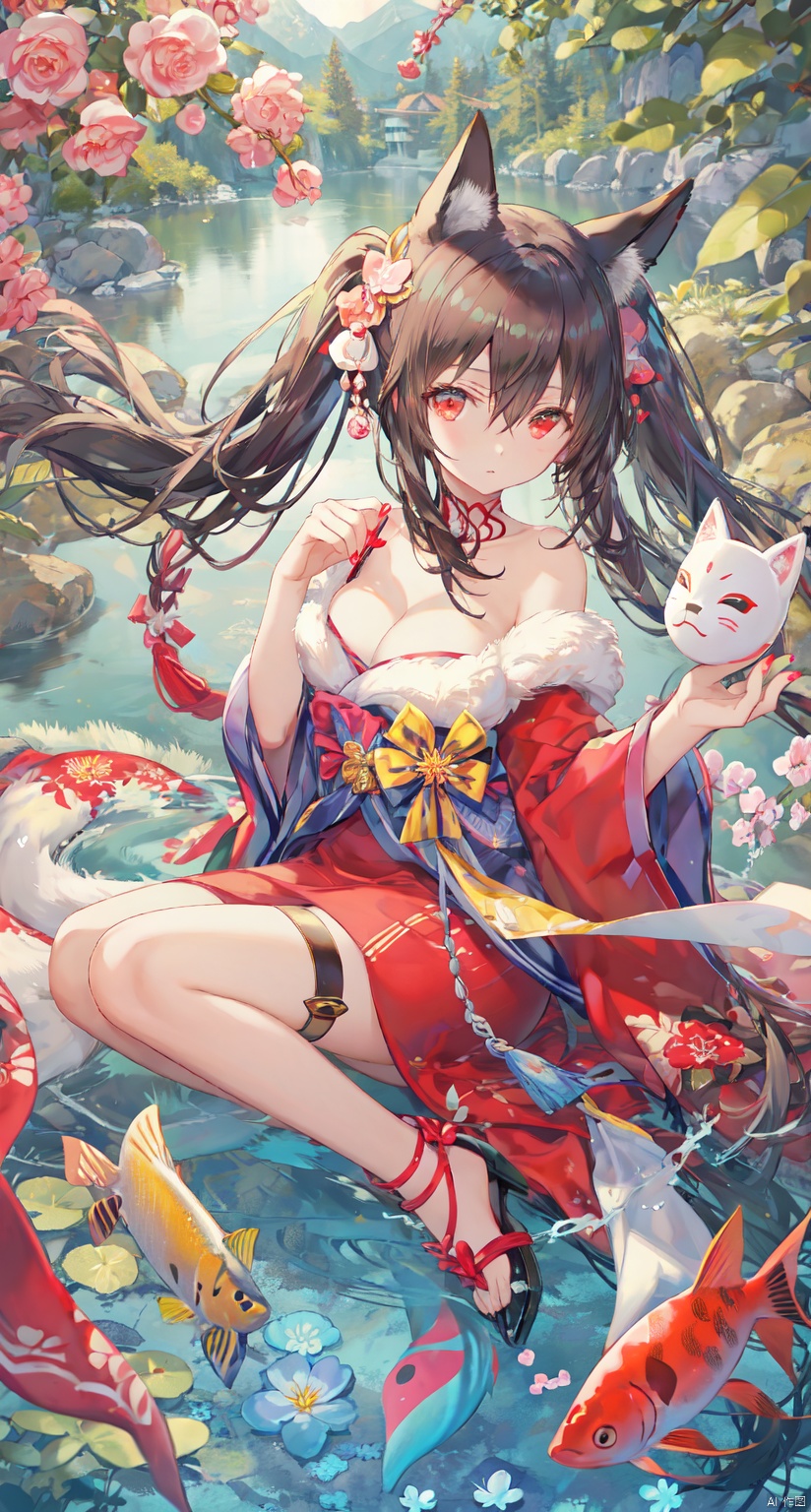 1girl, solo, long hair, breasts, looking at viewer, bangs, black hair, red eyes, long sleeves, dress, bow, holding, cleavage, hair between eyes, bare shoulders, twintails, medium breasts, very long hair, full body, detached sleeves, japanese clothes, water, sash, bare legs, thigh strap, mask, obi, red dress, pink dress, red nails, fish, string, fox mask, ripples, string of fate, holding mask