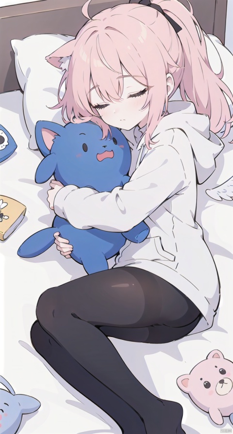 1girl, solo, long hair, bangs, long sleeves, animal ears, closed eyes, ponytail, pink hair, pantyhose, lying, wings, shorts, virtual youtuber, hood, pillow, short shorts, bed, hoodie, on bed, halo, on side, black shorts, stuffed toy, sleeping, stuffed animal, hood down, white pantyhose, object hug, white wings, white hoodie