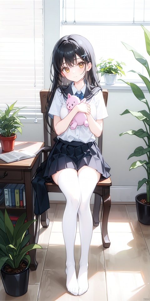 1girl, solo, long hair, looking at viewer, bangs, skirt, shirt, black hair, thighhighs, holding, brown eyes, sitting, closed mouth, school uniform, full body, white shirt, short sleeves, day, indoors, black skirt, star \(symbol\), white thighhighs, book, window, mask, chair, no shoes, stuffed toy, table, sunlight, plant, desk, knee up, brown skirt, bookshelf, potted plant, lamp, blinds