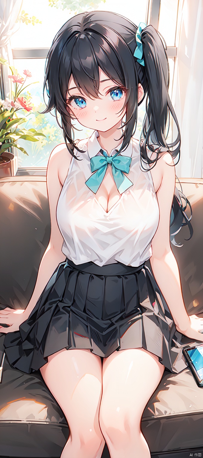 1girl, solo, long hair, breasts, looking at viewer, blush, smile, bangs, blue eyes, skirt, large breasts, shirt, black hair, holding, cleavage, bare shoulders, closed mouth, thighs, sleeveless, indoors, bag, side ponytail, bare arms, phone, table, white skirt, cellphone, curtains, couch, smartphone, camisole, holding phone, green shirt, selfie