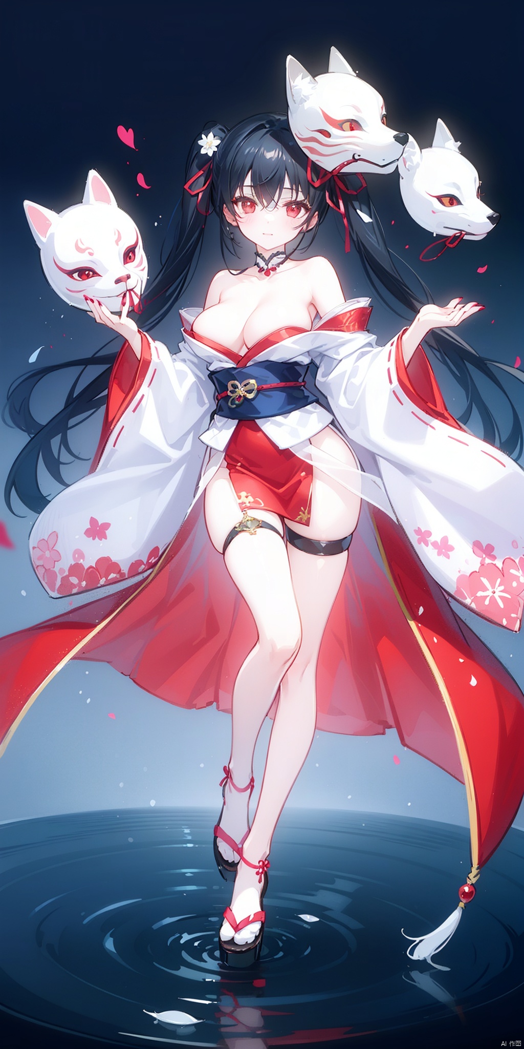 1girl, solo, long hair, breasts, looking at viewer, bangs, black hair, red eyes, long sleeves, dress, bow, holding, cleavage, hair between eyes, bare shoulders, twintails, medium breasts, very long hair, full body, detached sleeves, japanese clothes, water, sash, bare legs, thigh strap, mask, obi, red dress, pink dress, red nails, fish, string, fox mask, ripples, string of fate, holding mask