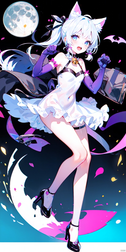 1girl, solo, long hair, breasts, looking at viewer, open mouth, bangs, blue eyes, gloves, dress, animal ears, bare shoulders, hair ribbon, ponytail, white hair, sidelocks, sky, choker, black gloves, cat ears, blunt bangs, black footwear, black dress, high heels, strapless, bell, thigh strap, night, fake animal ears, moon, night sky, neck bell, full moon, halloween, paw pose, halloween costume, bat \(animal\), kamisato ayaka