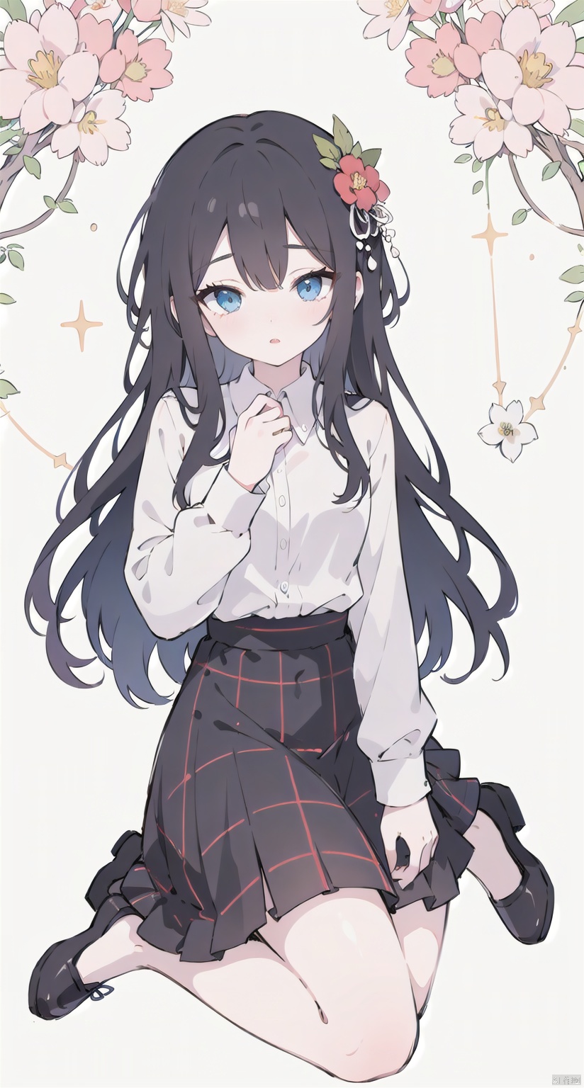 1girl, solo, long hair, looking at viewer, bangs, blue eyes, skirt, shirt, black hair, long sleeves, white shirt, flower, shoes, plaid, kneeling, plaid skirt, hand on own chest, pink footwear, red lips