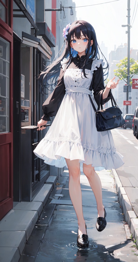 1girl, solo, long hair, looking at viewer, bangs, blue eyes, black hair, long sleeves, dress, holding, standing, flower, outdoors, bag, white dress, blurry, tree, handbag